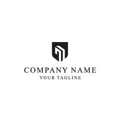 A modern black shield logo with a stylized 3D architectural monogram, presented with placeholder company text.