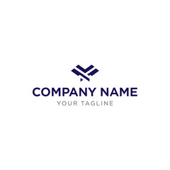 A modern, minimalist logo template featuring an abstract geometric symbol in dark blue above placeholder text for a company name and tagline.