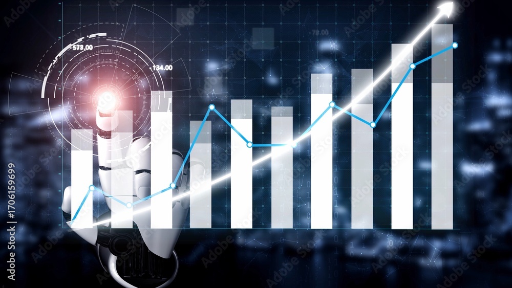 Poster a robotic hand engages with a digital financial graph, symbolizing advanced data interaction and ana