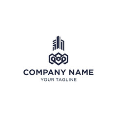 Modern abstract logo design featuring geometric buildings and an intricate key-like symbol, ideal for corporate branding.