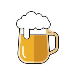 A frothy beer mug filled with golden ale, set against a minimalist white background