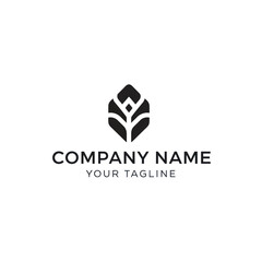 A minimalist black abstract logo featuring a stylized leaf or bud shape with geometric internal divisions, accompanied by placeholder text on a white background.
