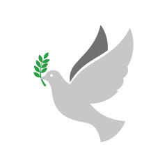 A graceful dove in flight carrying an olive branch, symbolizing peace and hope against a plain background