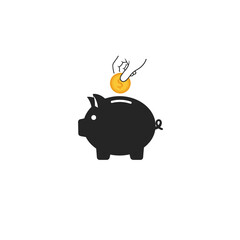 A hand inserting a coin into a black piggy bank, symbolizing savings and financial growth