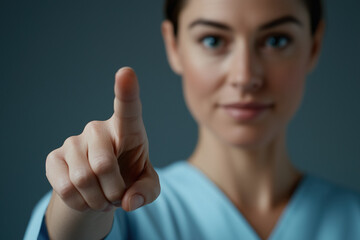 Nurse wearing blue scrubs using index finger to interact with touchscreen, suggesting advanced medical technology and user friendly interface
