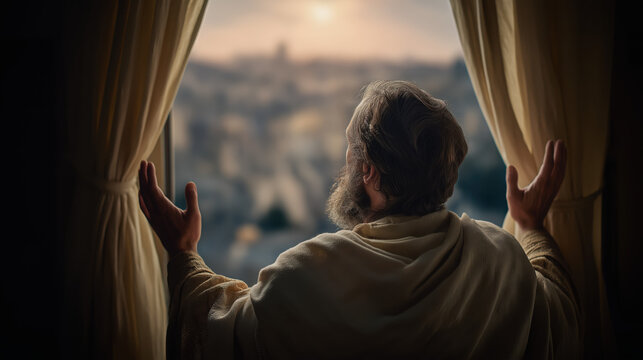 Daniel gazes from his open window toward Jerusalem at dawn, hands lifted in prayer, soft blue and peach light illuminating his face, curtains swaying gently in the foggy morning.
