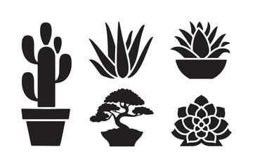 Collection of silhouette potted plants and cacti