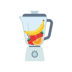 A modern blender filled with fresh fruits including bananas, strawberries, and oranges, ready for blending in a bright kitchen setting