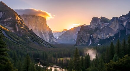 Yosemite Valley at Sunset - A Majestic Landscape of Natural Beauty.