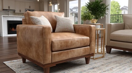 A comfortable leather chair with wooden arms and legs sits calmly on the floor, enhancing the minimalist decor of the room