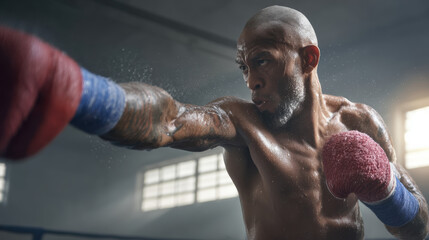 Lean male fighter throwing punch in sweaty boxing or Muay Thai match, motion and intensity visible as sweat flies