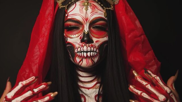 Halloween skull makeup Santa Muerte body art, woman with red veil and skeleton face paint posing dramatically, gothic horror festival concept, spooky artistic costume inspiration