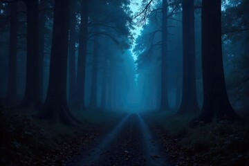 A spooky forest path at night, shrouded in mist, with ominous shadows hinting at unseen creatures lurking nearby Perfect for Halloween or monster movie themes , haunted woods, haunted