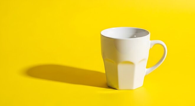 White faceted mug casting a shadow on a bright yellow background