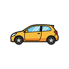 Bright yellow hatchback car parked on a sunny street with trees in the background