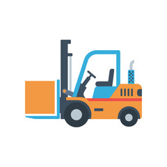 Brightly colored forklift in a warehouse setting, ready for lifting cargo with a clear background