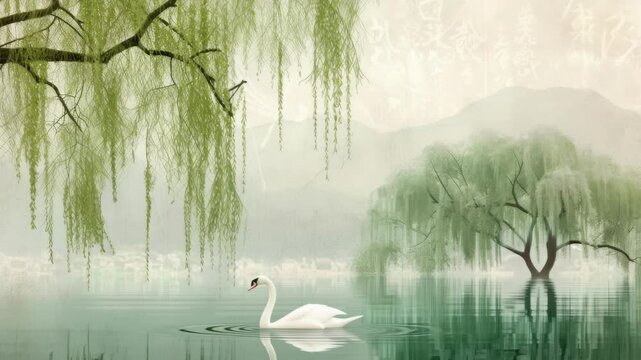 Serene video scene of a swan gliding on a misty lake, captured from a low angle. Soft, pastel colors and willow trees create a tranquil atmosphere. Live desktop wallpaper.