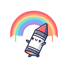 Cheerful cartoon crayon character dancing under a vibrant rainbow in a playful setting
