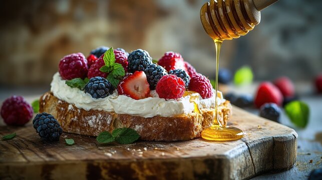 Delicious berry tart topped with honey on wooden cutting board  