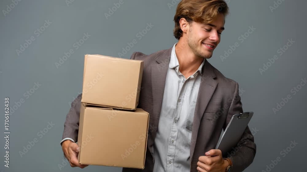 Poster entrepreneur confidently standing with two cardboard boxes and a clipboard while preparing for a bus