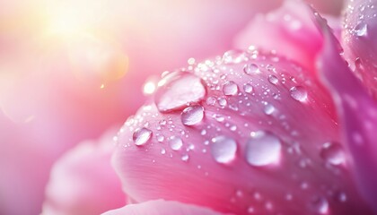 Fototapeta premium Gorgeous Macro Image Of Sun-Kissed Dew Drops On Pink Peony Petal: A Delicate Display Of Nature'S Purity And Beauty