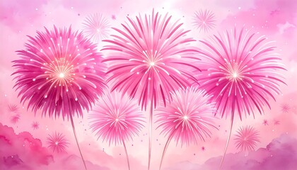 Pastel pink fireworks against a soft, dreamy sky