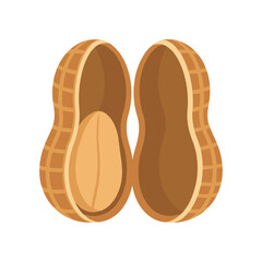 Close-up view of a split peanut shell revealing the nut inside, isolated on a clean background