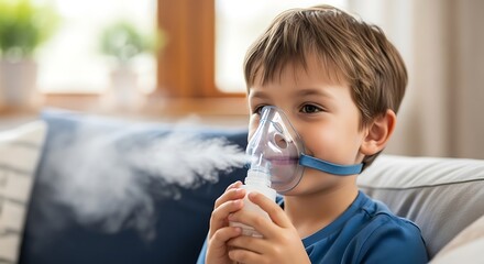 Young boy using a nebulizer for respiratory treatment at home.