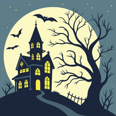 Spooky vector illustration of a haunted castle and scary house on a hill with bats and a full moon, perfect for a Halloween celebration