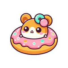 Cute cartoon bear character nestled in a colorful donut with a playful background