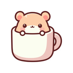 Cute cartoon bear character peeking out from a mug, set against a simple white background