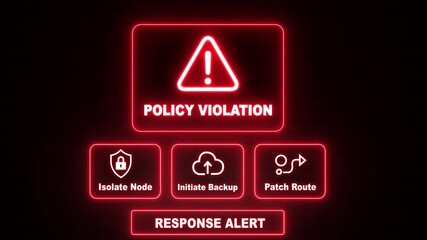 Policy Violation response notification on digital interface in data center server room with isolate node initiate backup patch route options. glowing neon lights cybersecurity hacking warning - Powered by Adobe