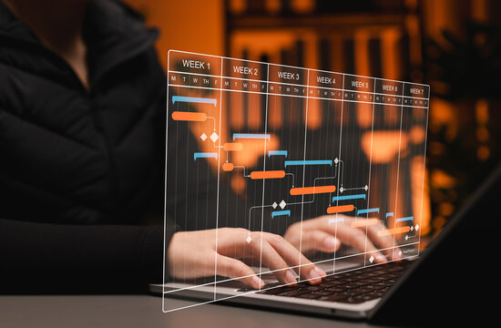 Project management and timeline planning concept. Woman using laptop with Gantt chart showing weekly task tracking, representing workflow organization, scheduling, productivity and goal achievement.