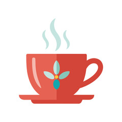 A vibrant red coffee cup with steam rising, set on a matching saucer against a white background