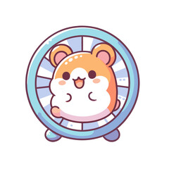 Cute cartoon hamster happily running in a colorful exercise wheel with a simple background