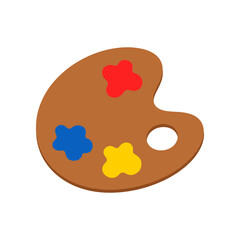 A wooden artist palette with colorful paint blobs, set against a clean white background