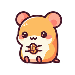 Cute cartoon hamster holding a nut, smiling happily, with a simple white background