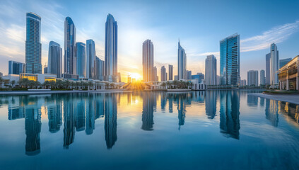 Fototapeta premium Sunlit skyscrapers rise above dense downtown, blue hour sky and glass shine, perfect city background.