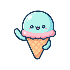 Cute cartoon ice cream cone character waving cheerfully with a pastel color scheme