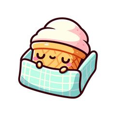 Cute cartoon ice cream cone character snuggled in a cozy blanket, evoking warmth and comfort
