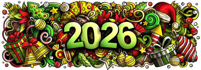 Festive illustration with 2026 surrounded by Christmas decorations, gifts, candles, holly, candy canes, and ornaments