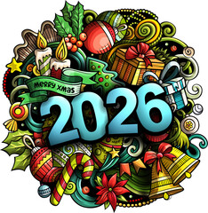 Festive illustration with 2026 surrounded by Christmas decorations, gifts, candles, holly, candy canes, and ornaments