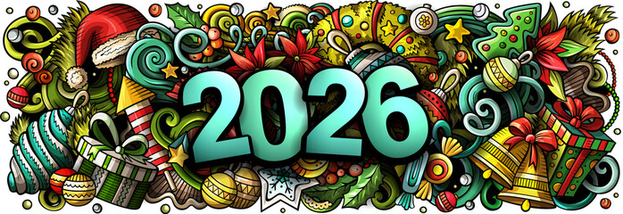 Festive illustration with 2026 surrounded by Christmas decorations, gifts, candles, holly, candy canes, and ornaments