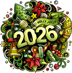 Festive illustration with 2026 surrounded by Christmas decorations, gifts, candles, holly, candy canes, and ornaments