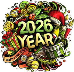 Festive illustration with 2026 surrounded by Christmas decorations, gifts, candles, holly, candy canes, and ornaments
