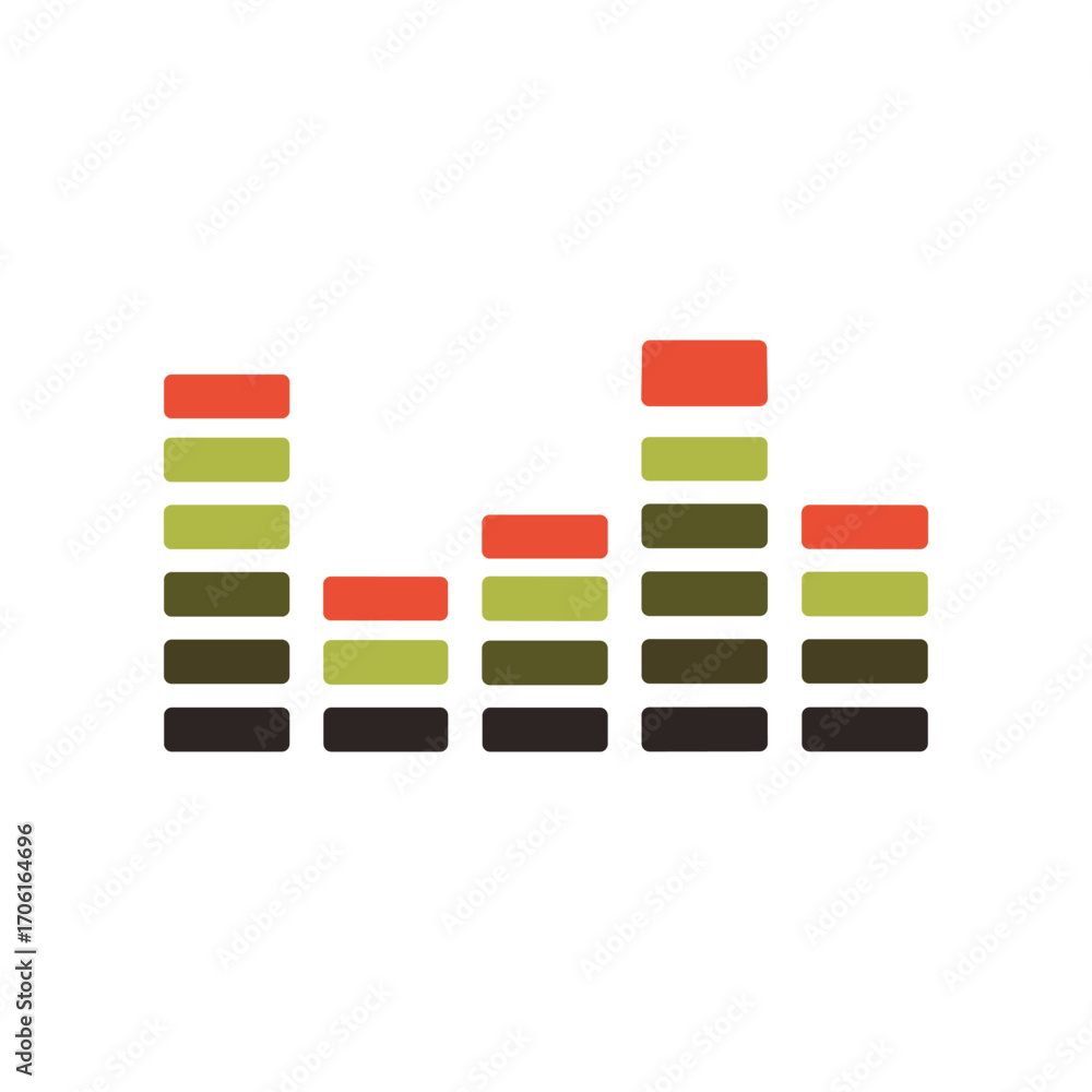 Poster abstract sound wave graphic with colorful bars representing audio levels on a white background