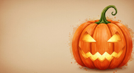 Glowing Jack-O'-Lantern with Spooky Expression on Vintage Background | Warm Halloween Glow | Concept of Seasonal Invitations, Festive Banners, Holiday Social Media