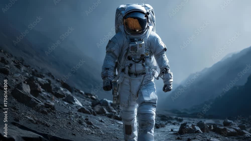 Poster astronaut exploring a distant planet's surface with a mars-like terrain and a vast starry sky, showc
