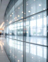 Abstract Glass Panel Reflection With White Bokeh Lights In Modern Commercial Interior