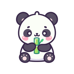 Cute cartoon panda holding a bamboo shoot, set against a simple white background, ideal for children's illustrations